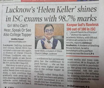 Congratulations to Sarah Moin on her extraordinary achievement of scoring 98.75% in the ISC Class 12 examinations