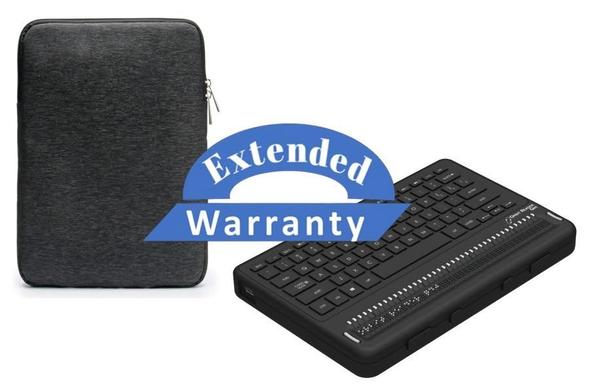 Orbit Q40 refreshable braille device with integrated keyboard shown beside a protective carrying case and an ‘Extended Warranty’ badge on a light background