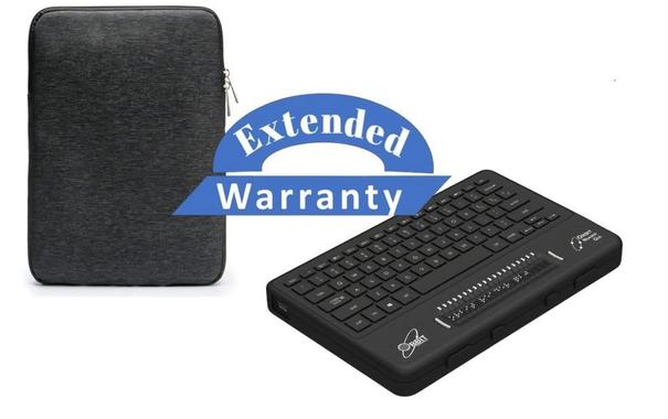 Orbit Q20 refreshable braille device with integrated keyboard shown beside a protective carrying case and an ‘Extended Warranty’ badge on a light background