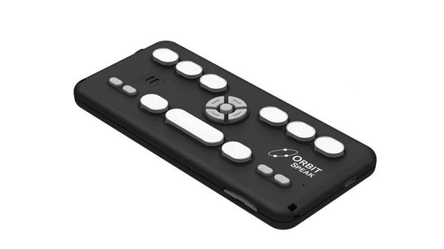 Orbit Speak handheld device with large tactile buttons and directional controls on a light background. The accessible audio and reading device from Orbit Research is designed for easy navigation and use by blind and visually impaired users