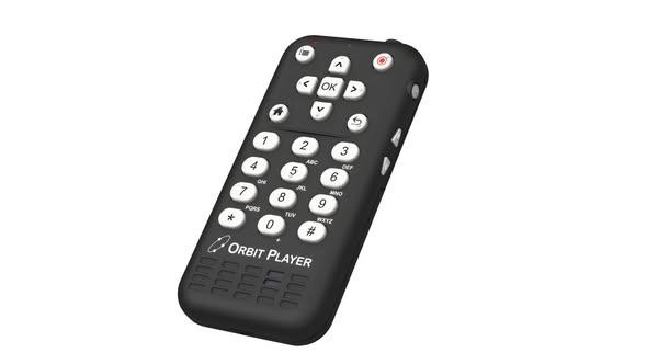 Photo showing angled view of the Orbit Player and on the side view you can see power button and volume up and down button and on top keyboard with navigation keys.