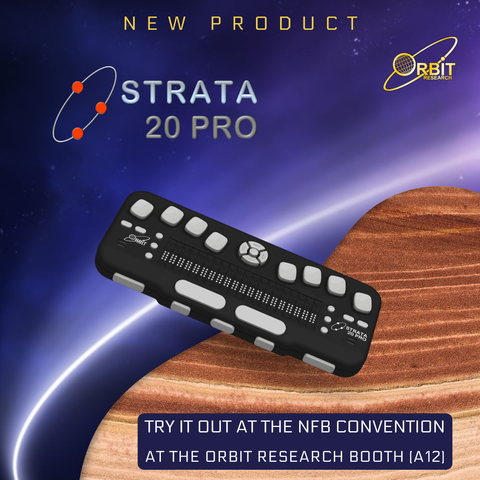 Photo showing an angled perspective view of the Strata 20 Pro Braille Display. The picture shows device displayed on a dark blue space-themed background the 20 braille cells on top of the unit, along with cursor routing buttons and six panning keys at each end of the display. There are four function keys on both sides, eight dot keys, and four navigation keys with a select key. Dual speakers are positioned on each side of the device. On the left side, there is an audio jack. Five thumb navigation keys and two space keys are visible in the front