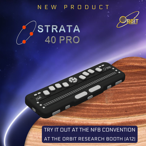 Photo showing an other angled perspective view of the Strata 40 Braille Display. The picture shows device displayed on a dark blue space-themed backgroundthe 40 braille cells on top of the unit, along with cursor routing buttons and six panning keys at each end of the display. There are four function keys on both sides, eight dot keys, and four navigation keys with a select key. Dual speakers are positioned on each side of the device. On the right side, there is a USB-C port for charging, one power ON/OFF key, and two volume keys. Five thumb navigation keys and two space keys are visible in the front
