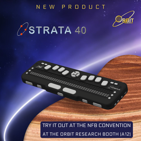 Photo showing an angled perspective view of the Strata 40 Pro Braille Display. The picture shows device displayed on a dark blue space-themed background the 40 braille cells on top of the unit, along with cursor routing buttons and six panning keys at each end of the display. There are four function keys on both sides, eight dot keys, and four navigation keys with a select key. Dual speakers are positioned on each side of the device. On the left side, there is a USB-A port and an audio jack. Five thumb navigation keys and two space keys are visible in the front.