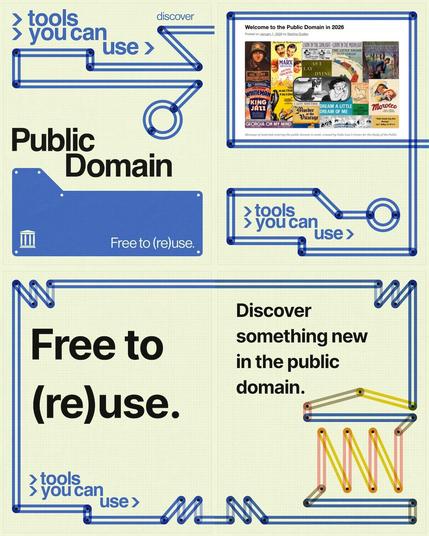 Four "Tools You Can Use" tiles in a 2x2 grid on cream graph paper with blue schematic line drawings. Top left, "Public Domain" above a blue folder with the Internet Archive logo and "Free to (re)use." Top right, a screenshot of the post "Welcome to the Public Domain in 2026" with a montage of vintage posters and book covers. Bottom left, bold black text: "Free to (re)use." Bottom right, "Discover something new in the public domain," with a multicolor line drawing of a columned building.