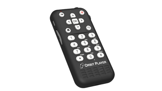 Orbit Player handheld audio device with white tactile buttons, including navigation controls, a numeric keypad, a power button, and a speaker grille, shown at an angled perspective. The left side features an SD card slot and a USB-C port.