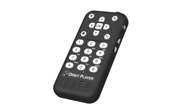 Orbit Player handheld audio device with white tactile buttons, including navigation controls, a numeric keypad, a power button, and a speaker grille, shown at an angled perspective. The Right side features showing volume up and down arrow key and power button.
